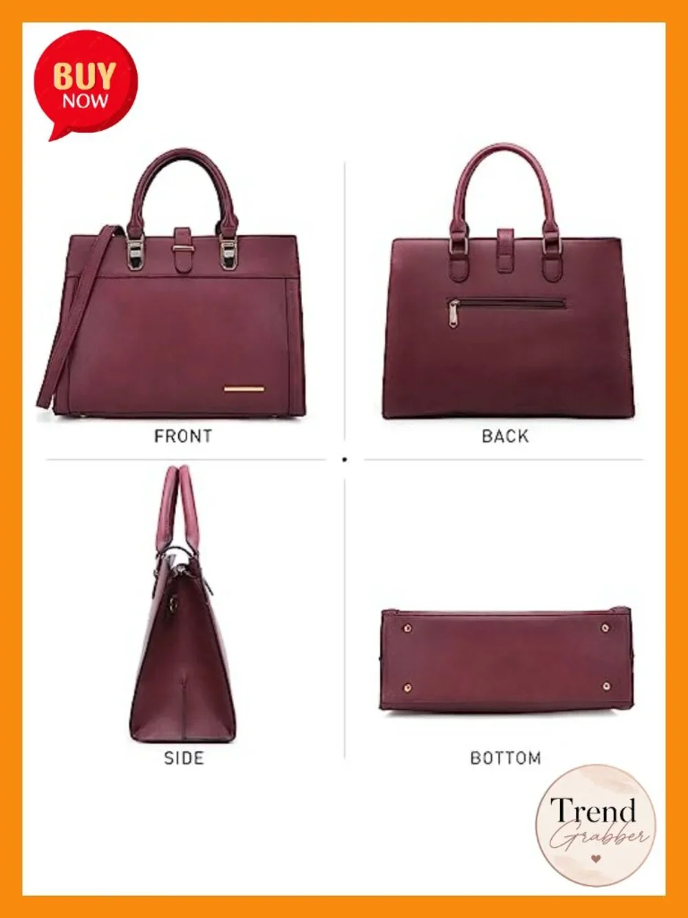 Vegan Leather Satchel Handbag with Matching Wristlet, Top Handle & Crossbody